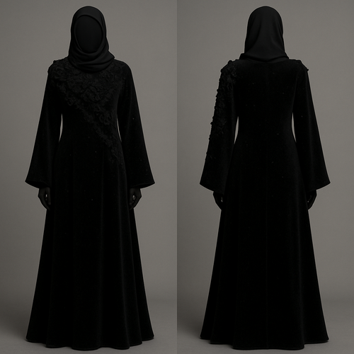 The Velvet Midnight Bloom Abaya
Tone: Deep velvet black
Fabric: Heavy velvet–crepe blend
Design:
A dense cluster of 3D velvet flowers around the neckline flowing softly across one sleeve.
Embellishment:
Black Swarovski stones scattered like stars.
Vibe:
Royal, powerful, and irresistibly classy.