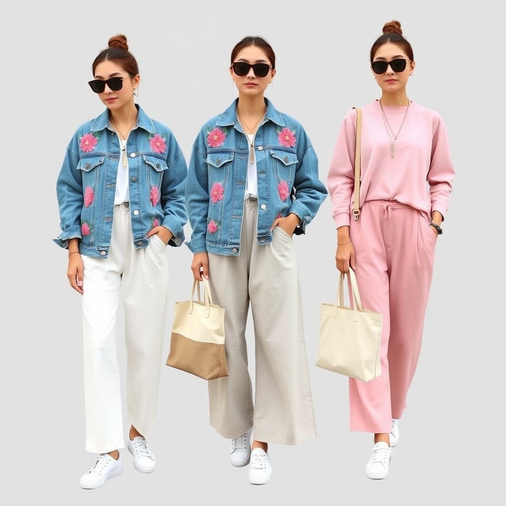 كاجوال
Imagine a fresh and chic casual fashion style featuring oversized denim jackets adorned with intricate floral embroidery, paired with high-waisted linen palazzo pants in soft pastel hues. Complete the look with classic white sneakers and a slouchy canvas tote. Accessories include layered necklaces and oversized sunglasses for effortless everyday elegance.