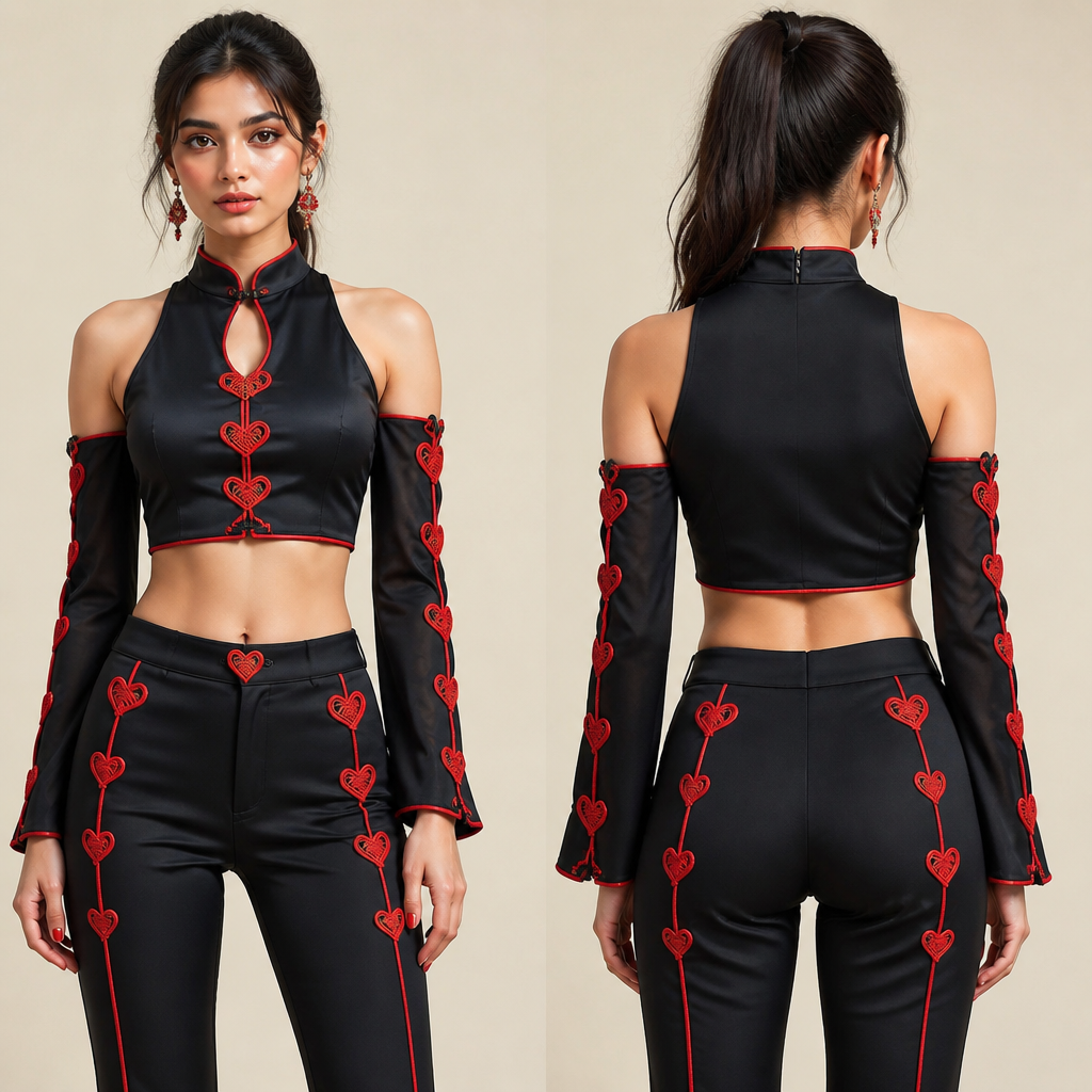 A Female Top design, in Indian style. Black top with red nots ❤️ and tight crop top and red nots right and left harm and black pant with red nots. India fashion aesthetics.
photorealistic fashion design, A Female Top design, in Indian style. Black top with red nots ❤️ and tight crop top and red nots right and left harm and black pant with red nots. India fashion aesthetics., indian style, just the design no text