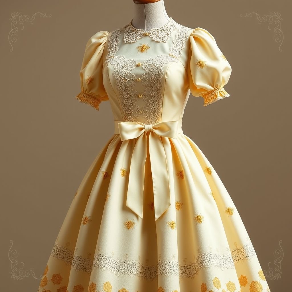 A honey bee & honey comb themed spring day dress.
Design an enchanting vintage-inspired spring day dress that showcases a honey bee and honeycomb theme. Incorporate nostalgic elements such as a fitted bodice with delicate lace trim, a flared A-line skirt adorned with subtle golden honeycomb patterns, and puffed sleeves. Finish with a whimsical bow at the waist, evoking timeless charm.