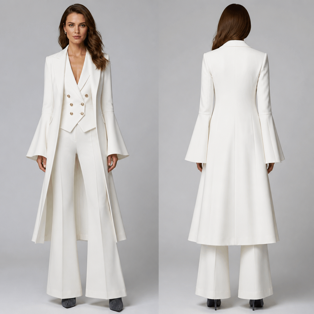 White three piece suit womens long coat flair sleeves , double breasted vest , pants flair legs white / black pinstripe booties
photorealistic fashion design, White three piece suit womens long coat flair sleeves , double breasted vest , pants flair legs white / black pinstripe booties , elegant style, just the design no text, show front and back