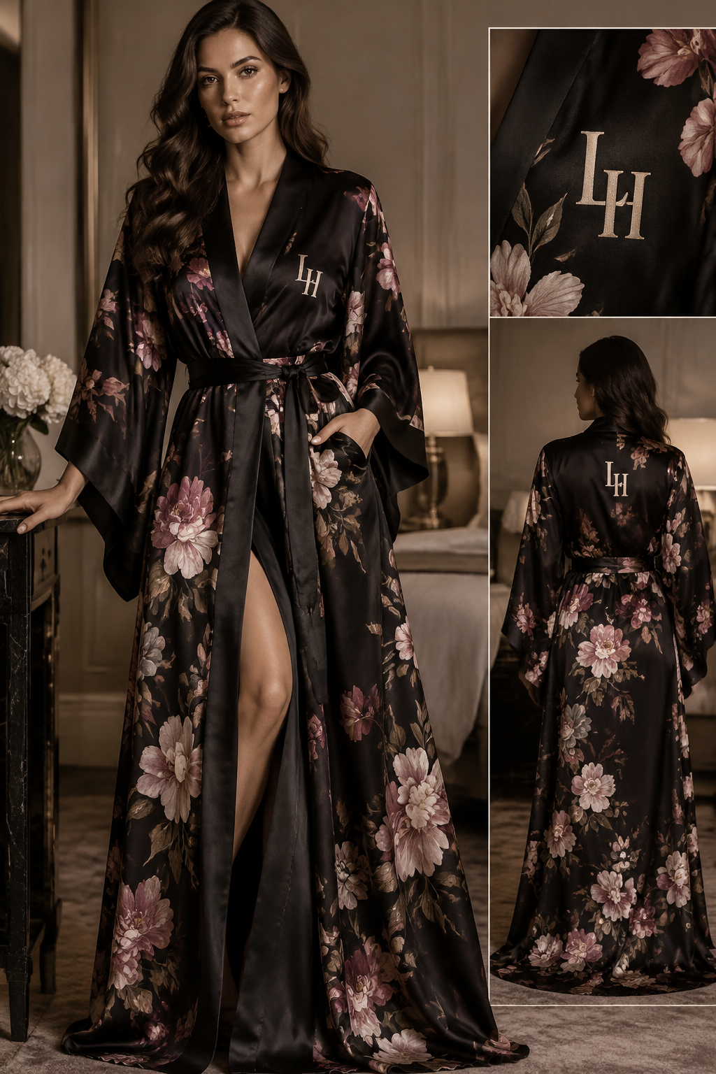 flowery silki dark long dressing gown, with logo LH
flowery silki dark long dressing gown, with logo LH