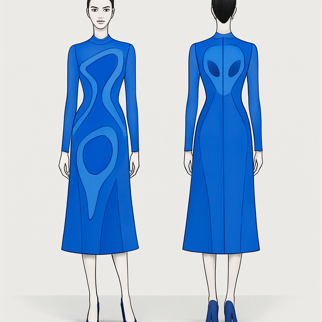 Create me a Women’s Unique Blue Alien wear design dress. It should be below the knees (mid calf length). Runway designed.
Create me a Women’s Unique Blue Alien wear design dress. It should be below the knees (mid calf length). Runway designed.
, minimalist style, show front and back