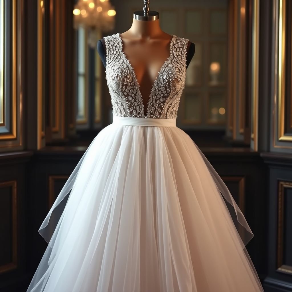 2. Upper Part: • Deep V-shaped neckline starting from the shoulders down to the underbust area. • The neckline is heavily adorned with white crystal embellishments, which are densest at the top and gradually decrease downward. • A thin, sash-like white belt wraps around the waist. 3. Lower Part: • From the waist down, the fabric falls straight, made of very lightly layered and slightly voluminous white tulle or organza. • The volume is minimal, creating a natural and elegant look. • The delicate fabric begins where the crystal embellishments end. 4. Color and Fabric: • The main fabric is white, made of shiny satin or silk. • The crystals or pearls embellishing the neckline and bust are in crystal or pearl tones. • The lower part’s fabric is white, slightly transparent, and has a flowing movement. 5. Details: • The back can be open or feature thin straps. • Sleeves are either absent or very thin straps are preferred. • The crystals used on the neckline and bust area are small and delicate, creating a subtle sparkle without overwhelming the design.
Envision a captivating evening gown that balances contemporary elegance with ethereal grace. The deep V-neckline, adorned with shimmering crystals, creates a luxurious focal point, while its thin white belt accentuates the waist. Flowing from the waist, a straight-cut skirt of airy tulle drapes beautifully, enhancing movement. Ideal for any formal occasion.