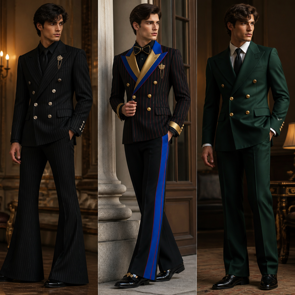 Absolutely â these three suits each have a distinct luxury/prom aesthetic:
1. ð€ Black Pinstripe Double-Breasted Suit
* Color: Deep black-on-black
* Jacket: Double-breasted with six prominent buttons and a sharply structured, layered lapel.
* Pattern: Fine vertical pinstripes running throughout the jacket and trousers.
* Details: Flap pockets, decorative chest pocket, silver-toned brooch/chain, and multiple cuff buttons.
* Pants: Dramatically flared/bell-bottom silhouette with pinstripes continuing down the legs.
* Overall vibe: Dark, sophisticated, powerful, old-Hollywood luxury.
2. ð Royal Blue, Black & Gold Prom Suit
* Base: Black jacket and trousers with bold royal-blue accents.
* Lapel: Dramatic layered lapel with royal blue and metallic gold sections.
* Pattern: Red vertical pinstripes give the black jacket extra dimension.
* Trousers: Black with a wide royal-blue side stripe bordered by red.
* Details: Gold buttons, gold cuff accents, crown-style brooch, chain, black bow tie with gold trim.
* Shoes: Glossy black loafers with gold hardware.
* Overall vibe: Regal, flashy, commanding, and very prom-focused.
3. ð Emerald/Deep Green Double-Breasted Suit
* Color: Rich deep emerald green.
* Jacket: Double-breasted with broad, angular peak-style lapels and a longer tailored body.
* Buttons: Multiple gold buttons that contrast strongly against the green.
* Cuffs: Gold button detailing on the sleeves.
* Shirt/Tie: White dress shirt with a dark tie.
* Pants: Matching green trousers with a clean, tailored straight-leg silhouette.
* Shoes: Dark brown/black polished loafers.
* Overall vibe: Classic, elegant, confident, and sophisticated.
Your strongest design language across these: dramatic lapels + double-breasted structure + statement buttons + luxury accessories + distinctive trousers.
photorealistic fashion design, Absolutely â these three suits each have a distinct luxury/prom aesthetic:
1. ð€ Black Pinstripe Double-Breasted Suit
* Color: Deep black-on-black
* Jacket: Double-breasted with six prominent buttons and a sharply structured, layered lapel.
* Pattern: Fine vertical pinstripes running throughout the jacket and trousers.
* Details: Flap pockets, decorative chest pocket, silver-toned brooch/chain, and multiple cuff buttons.
* Pants: Dramatically flared/bell-bottom silhouette with pinstripes continuing down the legs.
* Overall vibe: Dark, sophisticated, powerful, old-Hollywood luxury.
2. ð Royal Blue, Black & Gold Prom Suit
* Base: Black jacket and trousers with bold royal-blue accents.
* Lapel: Dramatic layered lapel with royal blue and metallic gold sections.
* Pattern: Red vertical pinstripes give the black jacket extra dimension.
* Trousers: Black with a wide royal-blue side stripe bordered by red.
* Details: Gold buttons, gold cuff accents, crown-style brooch, chain, black bow tie with gold trim.
* Shoes: Glossy black loafers with gold hardware.
* Overall vibe: Regal, flashy, commanding, and very prom-focused.
3. ð Emerald/Deep Green Double-Breasted Suit
* Color: Rich deep emerald green.
* Jacket: Double-breasted with broad, angular peak-style lapels and a longer tailored body.
* Buttons: Multiple gold buttons that contrast strongly against the green.
* Cuffs: Gold button detailing on the sleeves.
* Shirt/Tie: White dress shirt with a dark tie.
* Pants: Matching green trousers with a clean, tailored straight-leg silhouette.
* Shoes: Dark brown/black polished loafers.
* Overall vibe: Classic, elegant, confident, and sophisticated.
Your strongest design language across these: dramatic lapels + double-breasted structure + statement buttons + luxury accessories + distinctive trousers., just the design no text