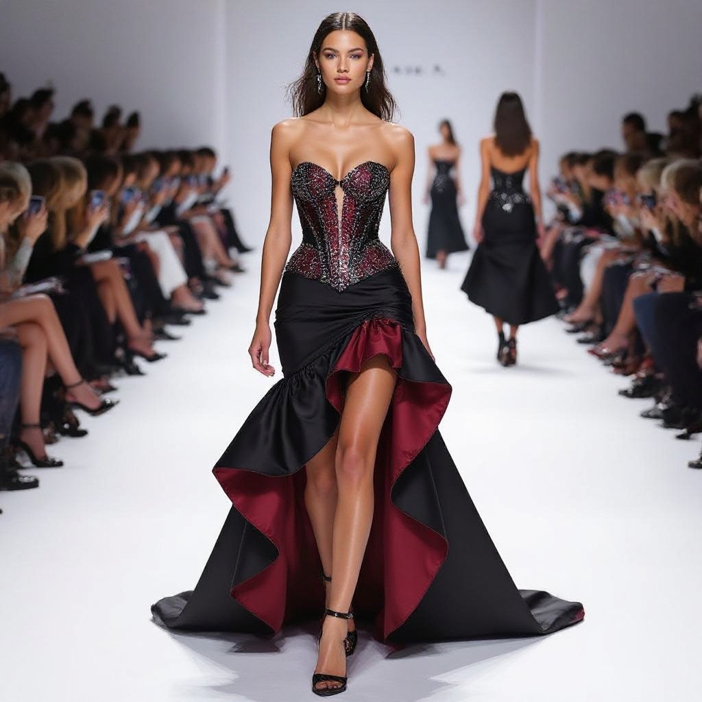 Iconic red carpet fashion design. A sparkling gemstone corset covered in black, burgundy and silver crystals, highlighting the waist. The skirt is asymmetrical: short and sexy in the front, with a dramatic oversized ruffled train in black and burgundy satin, flowing like fire. Powerful, unforgettable haute couture illustration, avant-garde style.
Classic fashion: Red carpet design: A black, burgundy, and silver crystal corset highlights the waist. The asymmetrical skirt is short in front with a black and burgundy satin ruffled train.