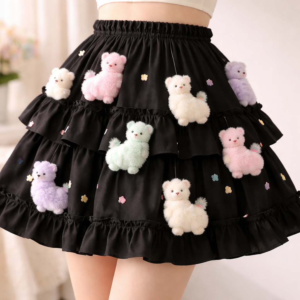 just above the knee length black cotton skirt with cute pastel cartoon fluffy 3d textured alpacas
Ruffled fashion design: Above-the-knee black cotton skirt, full ruffled tiers. Pastel cartoon fluffy 3D textured alpacas scattered across a softly gathered silhouette, creating playful movement with a comfortable fit.