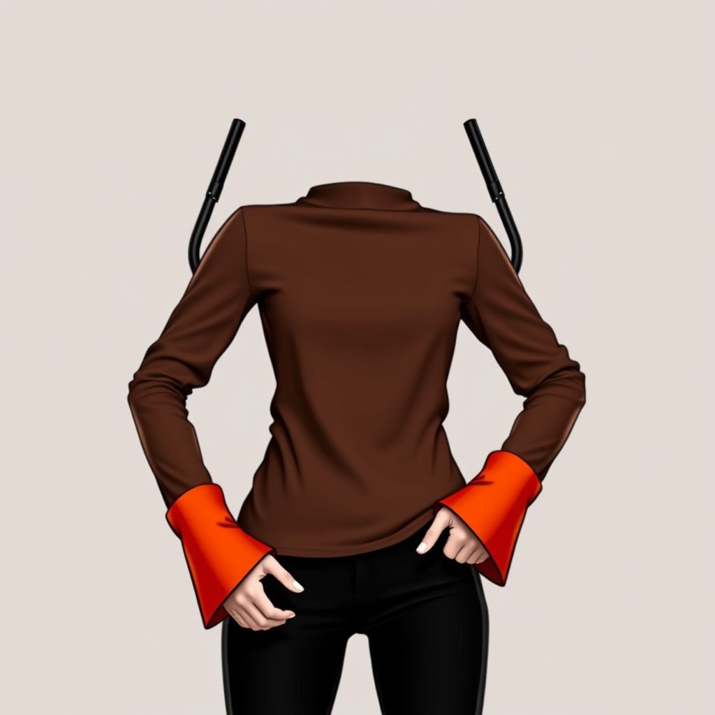 Make a long sleeve tight brown top, make the sleeves rifles. The handle of the rifles are by the shoulder areas, and the the barrel of it are represented by the sleeves. The cuff of the sleeves should be reddish orange to represent the rifle shooting
Design a daring long-sleeve brown top that embodies a bold mix of strength and elegance. The sleeves morph into slender rifle shapes, with handles delicately positioned at the shoulders, suggesting power. Cuffs transition to a vibrant reddish-orange, symbolizing fiery action, while a sleek silhouette enhances femininity and audacity, perfect for adventurous fashionistas.