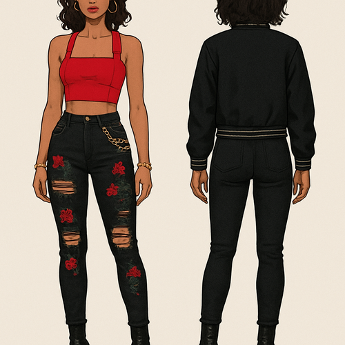 Red holster top black ripped jeans with red flowers on them black lettersman jacket boot heels gold earrings bracelet and rings gold chain on the pants 