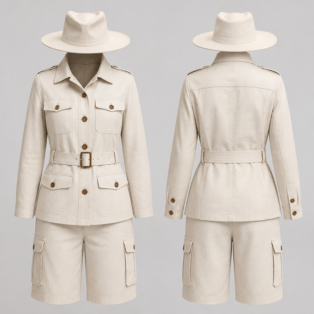 No model just outfit ,A safari jacket with matching hat and shorts to the knee with two side pockets , white suede matching hat for women
photorealistic fashion design, No model just outfit ,A safari jacket with matching hat and shorts to the knee with two side pockets , white suede matching hat for women , fall style, just the design no text, show front and back