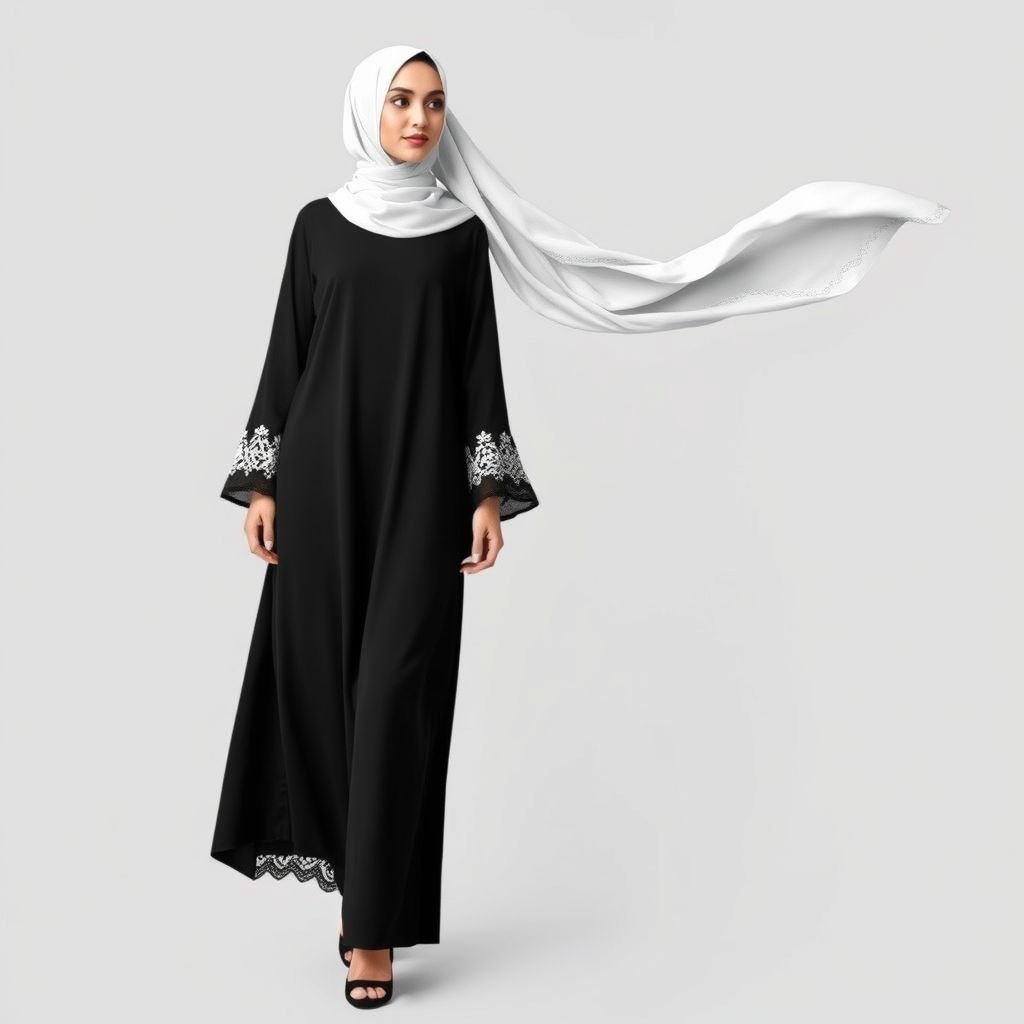 Abaya that is black and white trouser with flowy hijab
Design a classic abaya featuring a sophisticated black and white ensemble. The abaya drapes elegantly, adorned with intricate lace detailing along the sleeves and hem. Pair it with tailored black trousers for a refined silhouette. Complete the look with a flowy hijab that cascades softly, enhancing the timeless appeal of modest luxury.