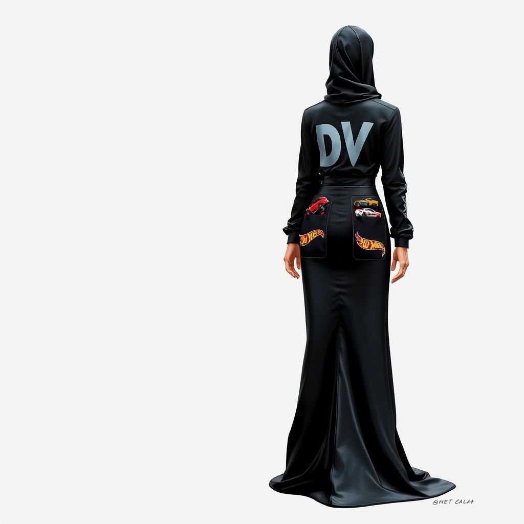 Create me a unique long dress with hot wheel cars hanging from it, with a race car outfit look.met gala dress. But I want it to be modest I want the arms and legs covered. and empowers a Met Gala look. Put “DV” on it somewhere
Design a striking long dress that redefines streetwear, featuring a playful array of miniature Hot Wheels cars tastefully dangling from sleek pockets. The dress combines elegant modesty with a sporty race car aesthetic, including full-length sleeves and a floor-grazing silhouette. Adorned with reflective “DV” lettering, it captures Met Gala sophistication.