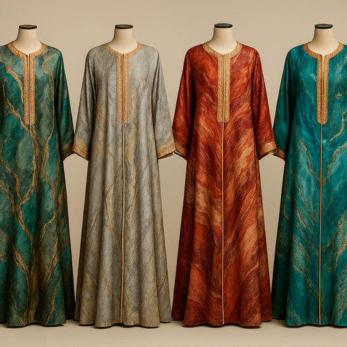 Create me modest boubou that's first in the world, using unique stone design, classy and sophisticated. Keep me 4 designs. Make them rich and beautiful designs 