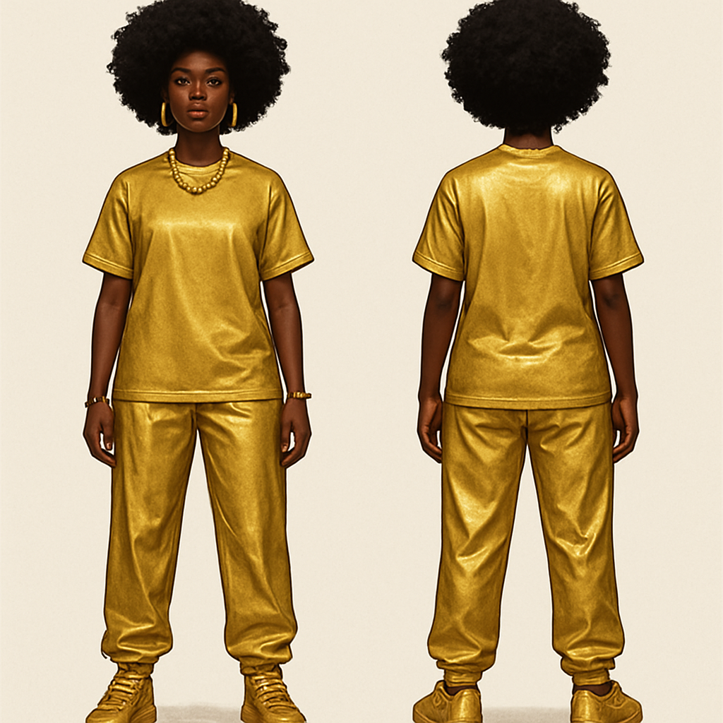 Black woman
Afro
Gold jewelry
Gold shirt
Gold shoes
Gold pants
Black woman
Afro
Gold jewelry
Gold shirt
Gold shoes
Gold pants
, streetwear style, show front and back