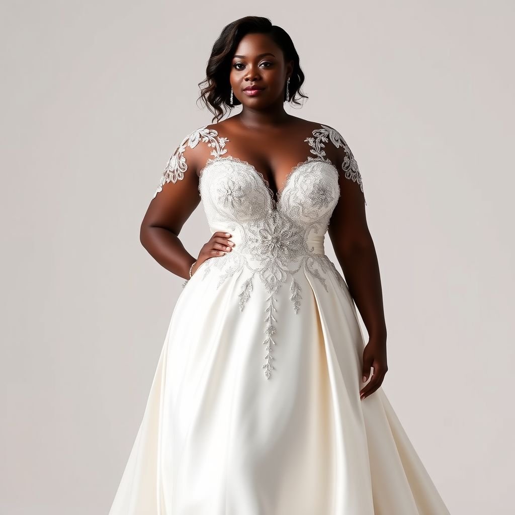 A wedding dress with beads on the chest on a black plus size model
Design an elegant wedding dress that flows gracefully down to the floor, crafted from sumptuous silk in a soft ivory tone. The bodice features intricate beadwork shimmering like starlight, accentuating the curves of a stunning black plus-size model. Delicate lace sleeves add a touch of romance, complementing this timeless creation.