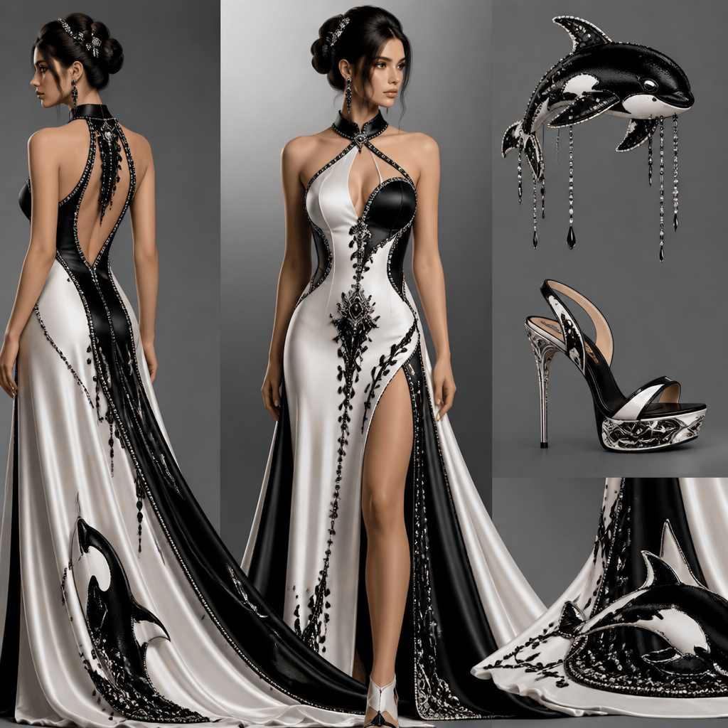 A Female Dress design, suitable for Summer. فستان ستان مزين بكري ستالين أسود والأبيض يجسد شراسة حيتان أوربا القاتلة مع كعب مصمم خصيصا ليصف أصالة أوربا ودبابيس شعر على شكل حوت أوركا. Algeria fashion aesthetics.
photorealistic fashion design, A Female Dress design, suitable for Summer. فستان ستان مزين بكري ستالين أسود والأبيض يجسد شراسة حيتان أوربا القاتلة مع كعب مصمم خصيصا ليصف أصالة أوربا ودبابيس شعر على شكل حوت أوركا. Algeria fashion aesthetics., just the design no text
