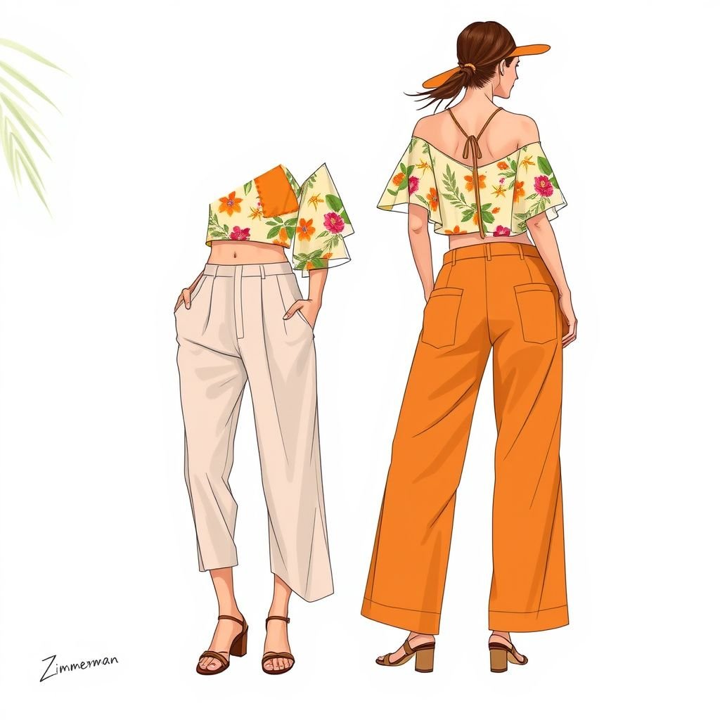 top resort and bottom front and back style Zimmerman
Design a casual resort outfit inspired by Zimmerman, featuring a flowing, lightweight cropped top with airy sleeves and intricate floral patterns. Pair it with relaxed-fit, wide-leg trousers in a complementary hue, designed with front and back pockets for functionality. Emphasize breathable fabrics and vibrant colors for a laid-back, chic vibe.