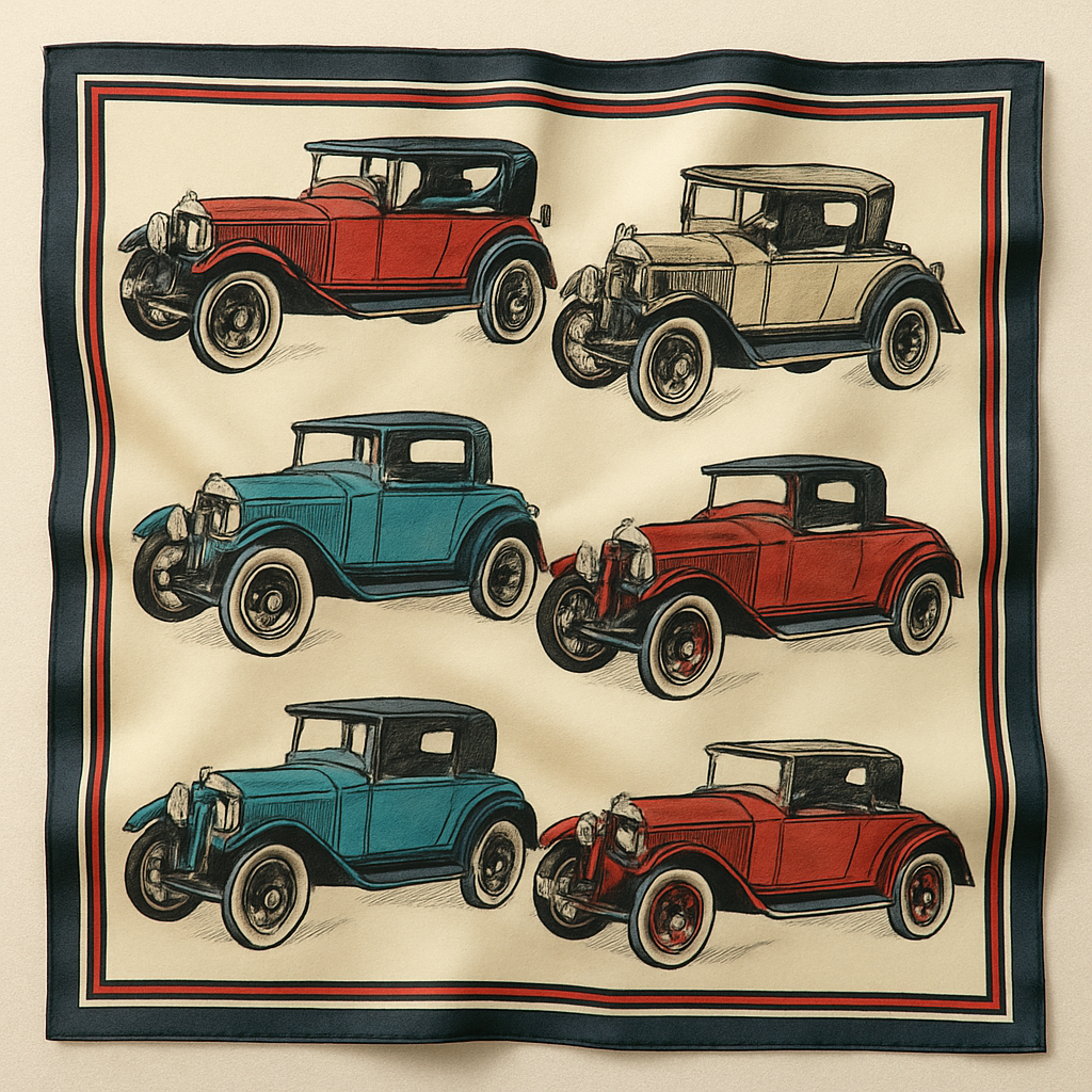 Silk bandana with a vintage car print
Silk bandana with a vintage car print