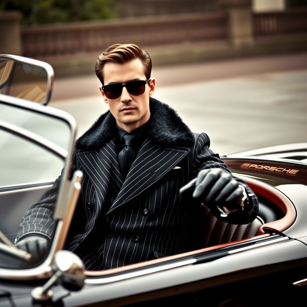 Create a sleek black striped mens suit with a black trench coat that has a black fur collar and lapel on the trench coat. Make him wear black leather gloves and have him driving a vintage convertible Porsche.
Design a striking men's suit featuring sharp black stripes that evoke a timeless elegance, paired with a luxurious black trench coat boasting a lavish fur collar and lapel. Enhance this sophisticated look with sleek black leather gloves, as he confidently maneuvers a vintage convertible Porsche, embodying suave vintage charm and modern sophistication.