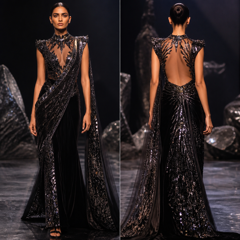 in Designer + Sustainable + Runway style. 3. Black Obsidian Goddess
Theme: Luxury black crystal couture.
Concept A dramatic black evening gown inspired by volcanic obsidian stone. Every panel is decorated with black crystals and reflective stones that glow under spotlight.
Materials
Velvet
Satin
Black crystals
Gunmetal sequins
Metallic mesh
Runway Mood Powerful, mysterious, elegan. India fashion aesthetics.
photorealistic fashion design, in Designer + Sustainable + Runway style. 3. Black Obsidian Goddess
Theme: Luxury black crystal couture.
Concept A dramatic black evening gown inspired by volcanic obsidian stone. Every panel is decorated with black crystals and reflective stones that glow under spotlight.
Materials
Velvet
Satin
Black crystals
Gunmetal sequins
Metallic mesh
Runway Mood Powerful, mysterious, elegan. India fashion aesthetics., designer style, just the design no text, show front and back