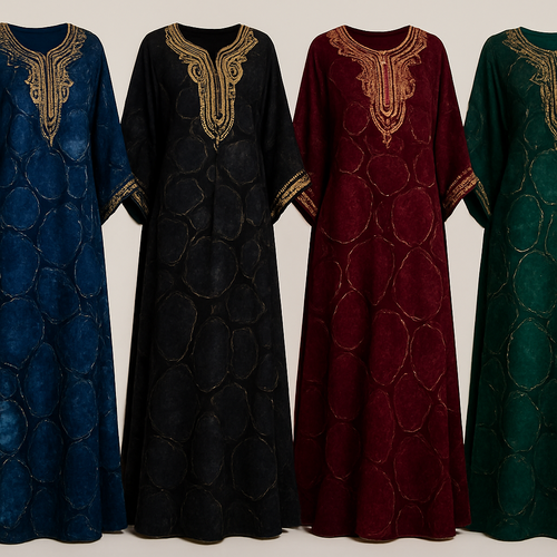 Create me modest boubou that's first in the world, using unique stone design, classy and sophisticated. Keep me 4 designs. Make them rich by adding minimal embroidery and stones designs.