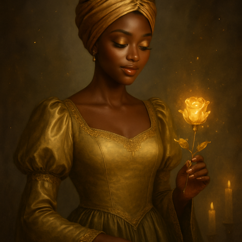 A captivating Halloween-inspired portrait of a graceful Ghanaian woman styled as an enchanted princess. She wears a long satin gown in soft gold and deep olive, with gentle flow and subtle shimmer. The dress has puffed sleeves, a cinched waist, and delicate gold embroidery along the cuffs and neckline. Her headwrap is styled like a crown — a silky golden turban with a small crystal or pearl detail at the center. Her makeup glows softly: golden eyeshadow, fluttery lashes, and glossy nude lips, creating a warm, radiant look. She holds a golden rose or lantern that emits a faint magical glow. The background is dreamy and moody — warm candlelight, soft mist, and sparkles of gold dust in the air. The overall mood is mystical, feminine, and serene — a princess with a calm, magical aura celebrating Halloween in elegance, not fear.