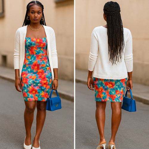 Black woman 
Braids
Gold jewelry
 Colorful sundress fitted 
White cardigan white heels 
Blue purse 
