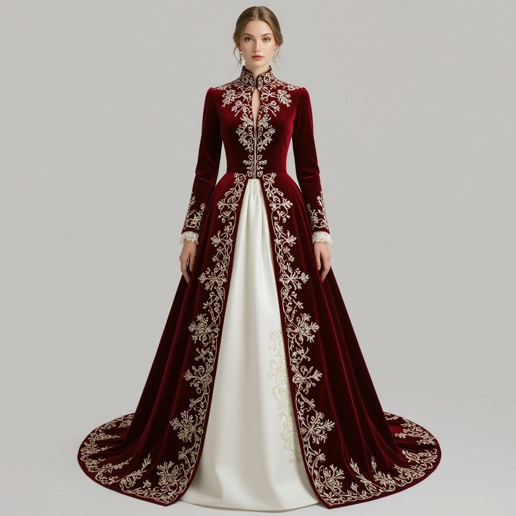 Lady Jane Grey inspired wedding dress
Velvet fashion: Lady Jane Grey inspired wedding dress, velvet, long sleeves, high neck, full skirt, intricate embroidery.