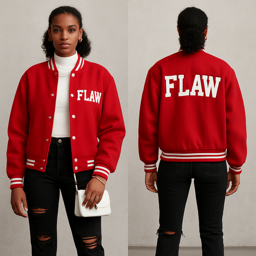 Red letterman jacket with FLAW on it white turtleneck short sleeves 
Gold necklace 
Black ripped jeans white heel boots gold rings Gold bracelet 
White crossbody purse 
