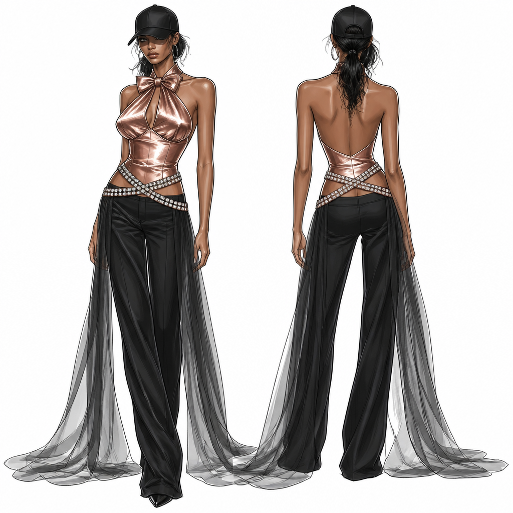 A Female fashion design. Fashion illustration color spec:
Top: Metallic rose gold satin halter bow bustier top that is not crop top, high shine finish
Belts: Double-row silver rhinestone crystal belts, crisscross at waist
Pants: low-waisted, matte black baggy fabric, fitted silhouette, with floor-length sheer black chiffon overlay panel/train
Accessories: Black baseball cap
Style: Luxury streetwear couture, editorial fashion sketch, clean white background, preserved lineart. Nigeria fashion aesthetics.
photorealistic fashion design, A Female fashion design. Fashion illustration color spec:
Top: Metallic rose gold satin halter bow bustier top that is not crop top, high shine finish
Belts: Double-row silver rhinestone crystal belts, crisscross at waist
Pants: low-waisted, matte black baggy fabric, fitted silhouette, with floor-length sheer black chiffon overlay panel/train
Accessories: Black baseball cap
Style: Luxury streetwear couture, editorial fashion sketch, clean white background, preserved lineart. Nigeria fashion aesthetics., just the design no text
