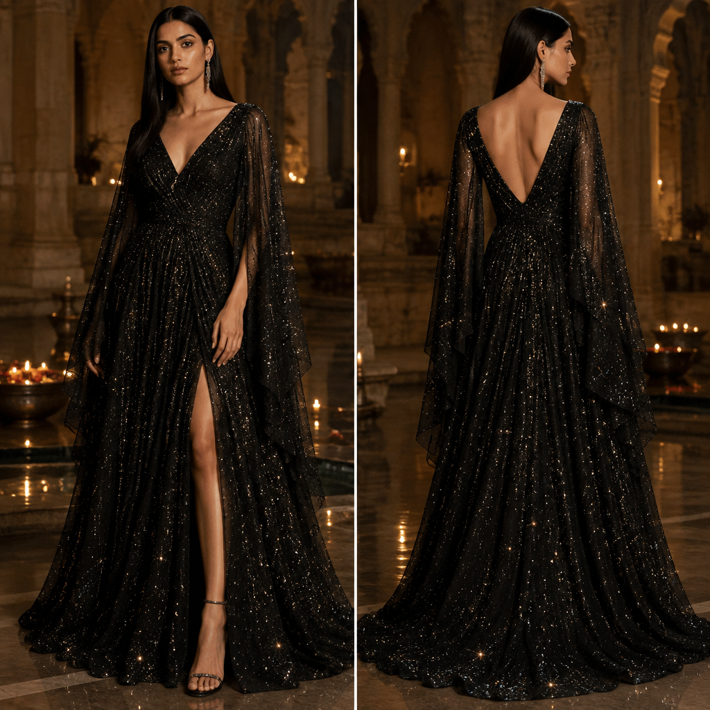 A Female Dress design, suitable for Fall, in Elegant style. dress with flowy long asymmetrical sleeves , glittery fabric which looks like stars are shining v neck and deep v neck on the back and gown should look like long touching ground and even more black colour and straight hair with slitthoes heels. India fashion aesthetics. Present it as professional fashion catalogue photography: the garment is the subject, shown full-length with editorial styling, neutral posing and tasteful, non-suggestive framing.
photorealistic fashion design, A Female Dress design, suitable for Fall, in Elegant style. dress with flowy long asymmetrical sleeves , glittery fabric which looks like stars are shining v neck and deep v neck on the back and gown should look like long touching ground and even more black colour and straight hair with slitthoes heels. India fashion aesthetics. Present it as professional fashion catalogue photography: the garment is the subject, shown full-length with editorial styling, neutral posing and tasteful, non-suggestive framing., elegant style, just the design no text