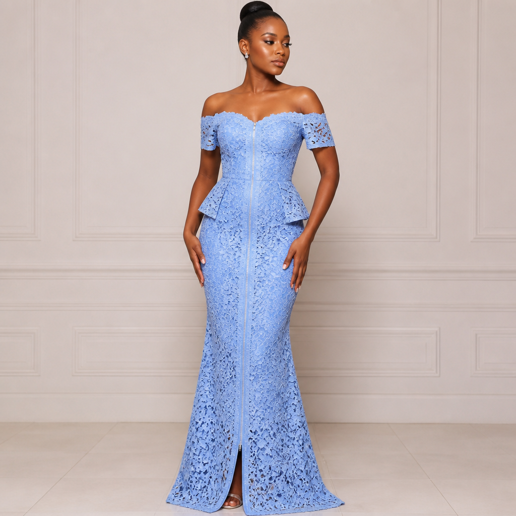 A Female Dress design, suitable for Summer. off shoulder, lace fabric with zips
long to the toe
blue in colour. Nigeria fashion aesthetics.
photorealistic fashion design, A Female Dress design, suitable for Summer. off shoulder, lace fabric with zips
long to the toe
blue in colour. Nigeria fashion aesthetics., just the design no text