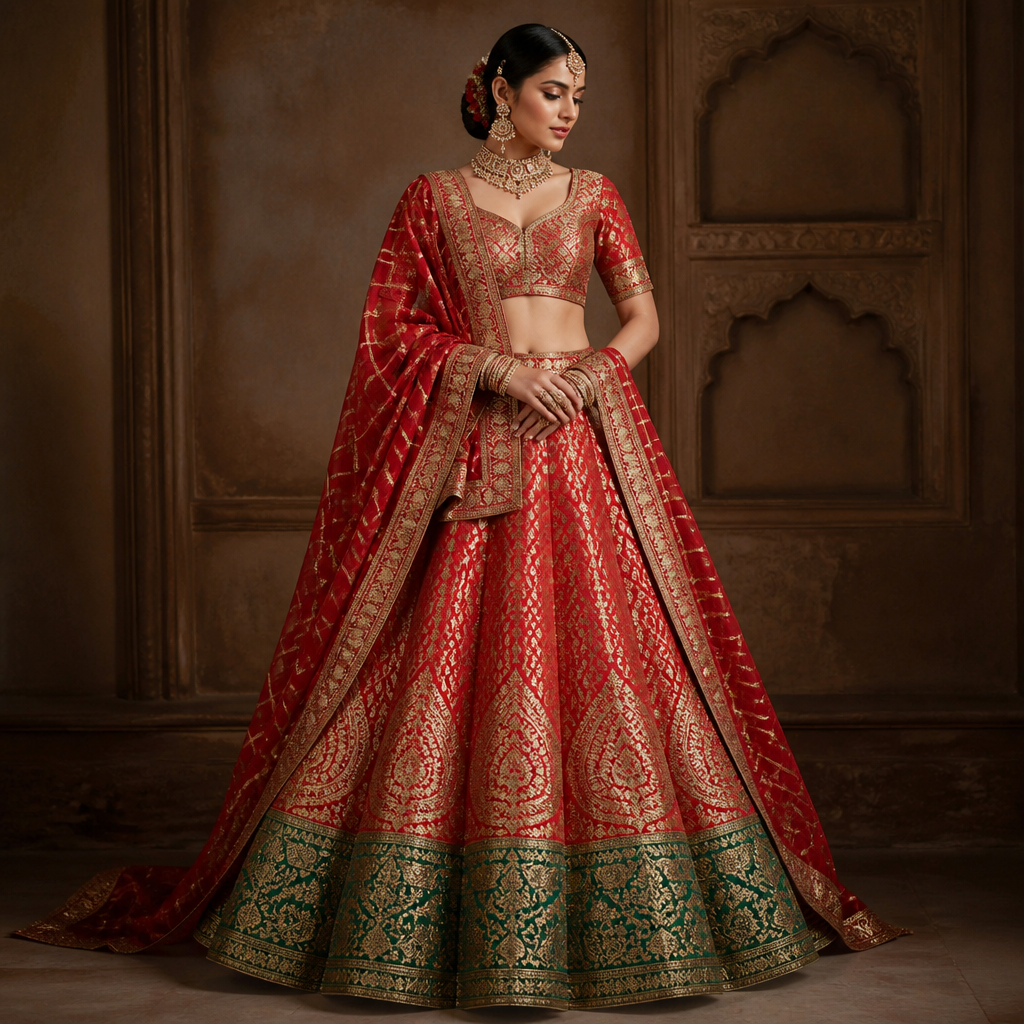 photorealistic fashion design, photorealistic fashion design, A Female fashion design, for Wedding, in Indian style. Dark shimmery golden tissue bridal lehenga with heavy flare and bottle green brocade border at the bottom and red raw silk long and broad paisley motifs placed above green border upto above knee. India fashion aesthetics., indian style, just the design no text. Refinement: Give Red gharchola Dupatta in gujrati style , just the design no text. Refinement: Keep the green border but make the entire area above green border in red colour uptil above knee
photorealistic fashion design, photorealistic fashion design, photorealistic fashion design, A Female fashion design, for Wedding, in Indian style. Dark shimmery golden tissue bridal lehenga with heavy flare and bottle green brocade border at the bottom and red raw silk long and broad paisley motifs placed above green border upto above knee. India fashion aesthetics., indian style, just the design no text. Refinement: Give Red gharchola Dupatta in gujrati style , just the design no text. Refinement: Keep the green border but make the entire area above green border in red colour uptil above knee, just the design no text