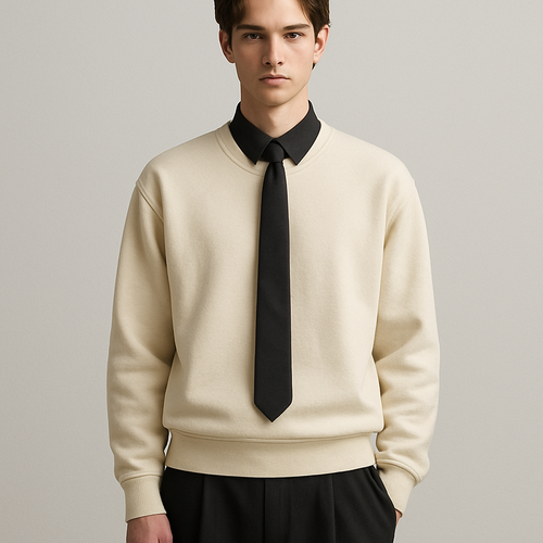 Cream long sleeve sweatshirt with black button shirt up underneath showing black collar and oversized black sweat pants and black tie