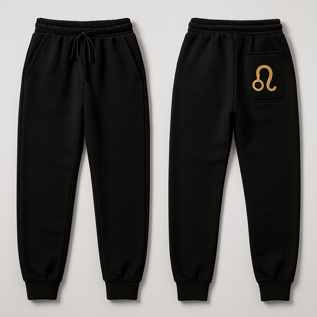 Create a unique trackpant with drawstring and a Leo sign on the back pocket
Create a unique trackpant with drawstring and a Leo sign on the back pocket
, streetwear style, show front and back