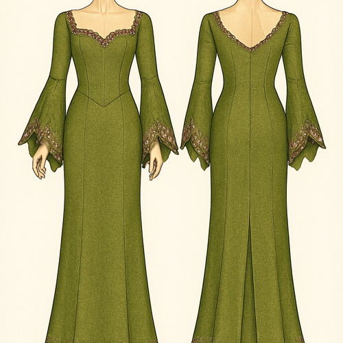“A straight corset long gown with a scalloped neckline and long flared sleeves featuring pointed (or scalloped) edges.”
On the body create a 3D design using asooke of a lighter shade of olive green and 
Pink along side with beadings,the main dress is olive green asooke and the neckline is queen Annie,the back neckline is scalloped v neck and the slit is also scalloped 