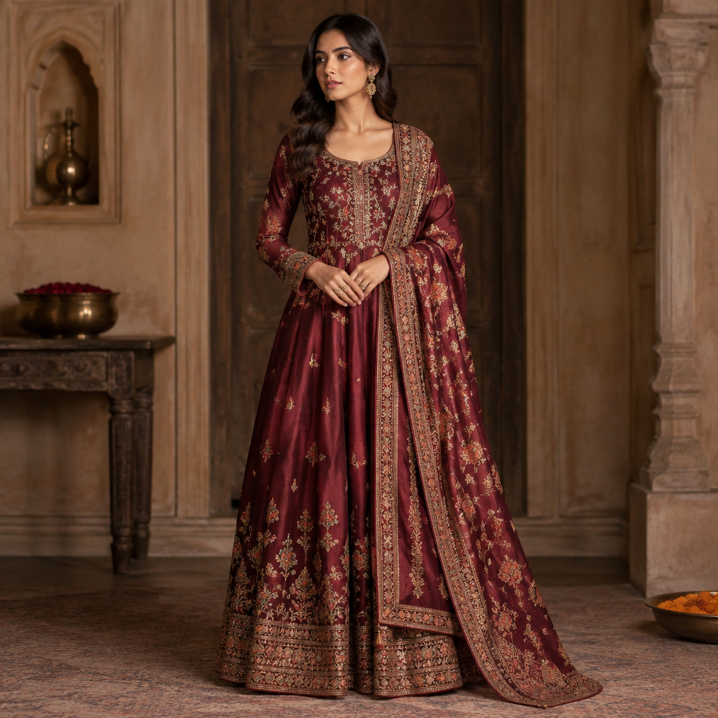 A Female Dress design, suitable for Fall. Consider Indian fashion aesthetics — consider saree, lehenga, salwar kameez, kurti, anarkali; local fabrics like chanderi, banarasi, chikankari, block prints; vibrant colors and rich embroidery. Current season is Autumn in India. Present it as professional fashion catalogue photography: the garment is the subject, shown full-length with editorial styling, neutral posing and tasteful, non-suggestive framing.
photorealistic fashion design, A Female Dress design, suitable for Fall. Consider Indian fashion aesthetics — consider saree, lehenga, salwar kameez, kurti, anarkali; local fabrics like chanderi, banarasi, chikankari, block prints; vibrant colors and rich embroidery. Current season is Autumn in India. Present it as professional fashion catalogue photography: the garment is the subject, shown full-length with editorial styling, neutral posing and tasteful, non-suggestive framing., just the design no text