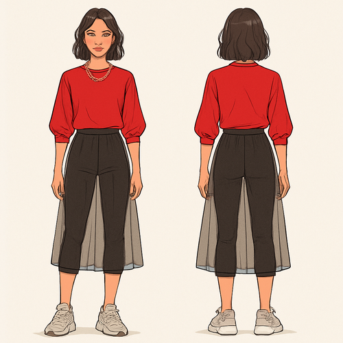 Red blouse with capri pants a see through skirt over the pants a gold necklace tennis shoes 