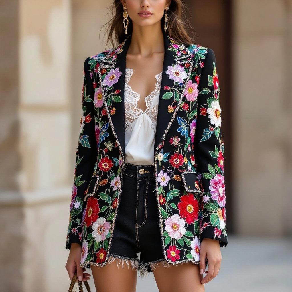 A fully beaded and embroidered floral modern large short coat or a large woman’s blazer with lace details
Artsy fashion: A fully beaded and embroidered floral modern short coat or blazer, with lace details, deconstructed shape, mixed patterns, and oversized fit.
