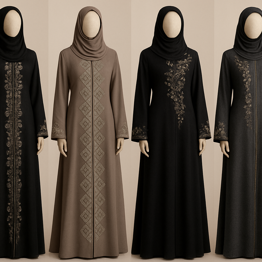 Create me modest abaya that's first in the world, using unique stone design, classy and sophisticated. Keep me 4 designs. Make them rich by adding unique chic stone embroidery and stones designs. Showcasing different styles and fabric.
Create me modest abaya that's first in the world, using unique stone design, classy and sophisticated. Keep me 4 designs. Make them rich by adding unique chic stone embroidery and stones designs. Showcasing different styles and fabric.