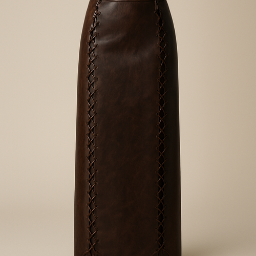 Leather full length maxi skirt dark brown colour with slight marble design
Criss cross laces up each side
Make skirt straight