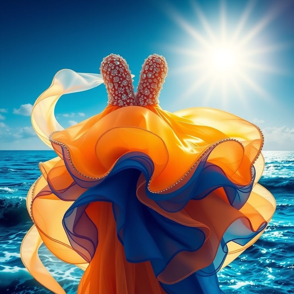 Create a gown inspired by sea waves, blue sky and sunshine. Add crystal embroidery and an ethereal look to the vision of a dress with architectural details and some structure, color should be gradients of blue and tinge of orange
Design an opulent gown inspired by the mesmerizing allure of sea waves, cobalt blue skies, and radiant sunshine. The dress should feature flowing silhouettes with architectural elements, showcasing structured layers that evoke movement. Adorn it with sparkling crystal embroidery, blending gradients of deep azure and warm tangerine for a truly glamorous effect.