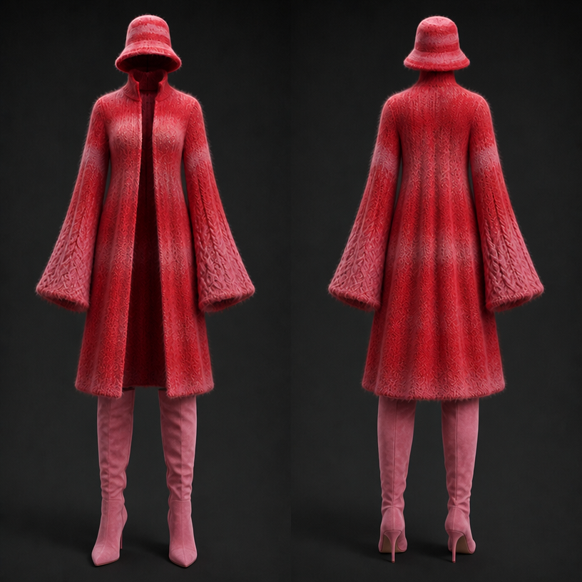 Add pink suede long boots
edit the attached fashion design with these instructions: Add pink suede long boots. keep it photorealistic, just the design no text