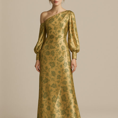 Model is wearing a Gold Asymmetrical slant shoulder cutout neckline maxi dress with long gathered silk sleeves and two seams that start center front and curve around the body down to hem. Has green embroidery of flowers as a print covering entire dress