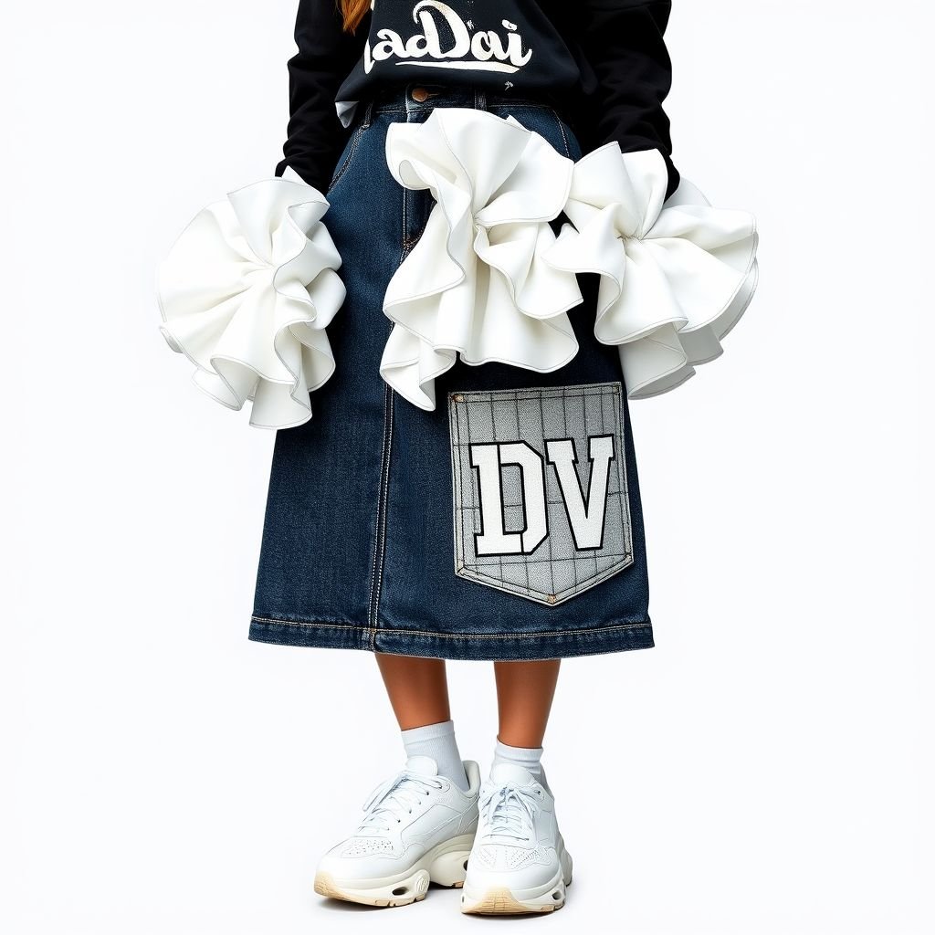 A denim jean knee length skirt with white ruffles on it. Small “DV” logo on it
Design an edgy streetwear ensemble featuring a knee-length denim skirt embellished with oversized white ruffles, adding a playful touch. Incorporate a faded "DV" logo prominently on the pocket, and pair it with chunky white sneakers. Layer with an oversized graphic tee tucked subtly, creating an effortlessly urban aesthetic that's bold and trendy.