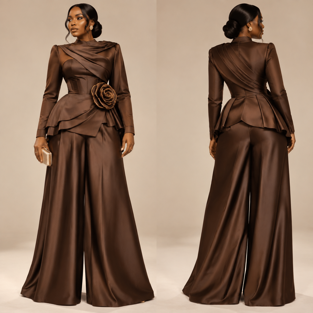 Create an original high-fashion modest two-piece outfit called “The Sculpted Set.”
Design a sophisticated long-sleeve structured top with an elegant asymmetric draped panel across the front. Add subtle corset-inspired waist shaping while keeping the outfit comfortable, classy, and modest. Pair it with high-waisted, floor-length wide-leg trousers that flow beautifully with movement.
Use luxurious heavy satin or soft crepe fabric with a subtle sheen. Add one distinctive sculptural fabric flower/rosette detail around the waist or shoulder as the main statement element.
Color: deep chocolate brown with subtle champagne-gold detailing.
The design should look expensive, feminine, modern, and unique, with an African luxury-fashion influence without looking like a traditional costume. Full coverage, no slit, no transparency, no exposed midriff.
Present it as a realistic professional couture fashion design, full-body view, clean studio background, elegant lighting, highly detailed fabric texture and garment construction. No text, no logos, no watermark.
photorealistic fashion design, Create an original high-fashion modest two-piece outfit called “The Sculpted Set.”
Design a sophisticated long-sleeve structured top with an elegant asymmetric draped panel across the front. Add subtle corset-inspired waist shaping while keeping the outfit comfortable, classy, and modest. Pair it with high-waisted, floor-length wide-leg trousers that flow beautifully with movement.
Use luxurious heavy satin or soft crepe fabric with a subtle sheen. Add one distinctive sculptural fabric flower/rosette detail around the waist or shoulder as the main statement element.
Color: deep chocolate brown with subtle champagne-gold detailing.
The design should look expensive, feminine, modern, and unique, with an African luxury-fashion influence without looking like a traditional costume. Full coverage, no slit, no transparency, no exposed midriff.
Present it as a realistic professional couture fashion design, full-body view, clean studio background, elegant lighting, highly detailed fabric texture and garment construction. No text, no logos, no watermark., just the design no text
