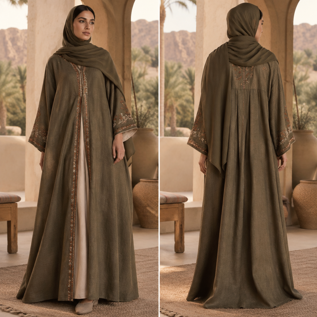 A Female Abaya design, made of Linen, with a sturdy, casual hand, with an A-Line silhouette, in an Earth Tones color palette, in Cottagecore + Bohemian + Vintage style. Oman fashion aesthetics. Present it as professional fashion catalogue photography: the garment is the subject, shown full-length with editorial styling, neutral posing and tasteful, non-suggestive framing.
photorealistic fashion design, A Female Abaya design, made of Linen, with a sturdy, casual hand, with an A-Line silhouette, in an Earth Tones color palette, in Cottagecore + Bohemian + Vintage style. Oman fashion aesthetics. Present it as professional fashion catalogue photography: the garment is the subject, shown full-length with editorial styling, neutral posing and tasteful, non-suggestive framing., cottagecore style, just the design no text, show front and back