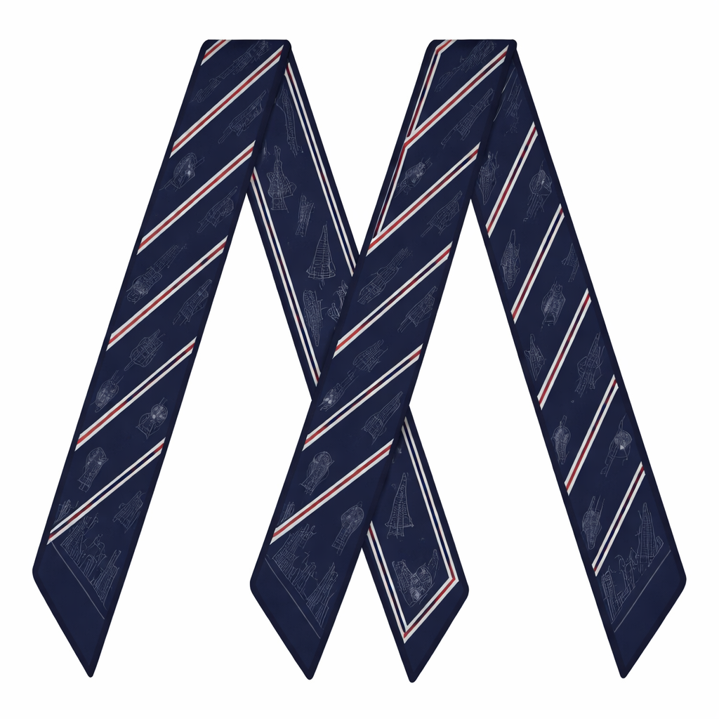 Design a silk twilly scarf, 5cm x 86cm, Kelly bag style wrap, inspired by J. Press preppy style. Base color deep navy blue. Diagonal thin white stripes, evenly spaced, with smaller thin red stripes alternating between the white stripes. Subtle, small abstract soccer balls in tonal light gray, evenly spaced along the scarf. Light, minimalist outlines of Kansas City skyline landmarks (Liberty Memorial tower, Kauffman Center arcs) in muted gray, repeated lightly along the scarf. Symmetrical, minimalist, elegant, classic preppy style, no logos or text, rolled hem edges. Clean, balanced, timeless design suitable for a handbag twilly wrap.
Design a silk twilly scarf, 5cm x 86cm, Kelly bag style wrap, inspired by J. Press preppy style. Base color deep navy blue. Diagonal thin white stripes, evenly spaced, with smaller thin red stripes alternating between the white stripes. Subtle, small abstract soccer balls in tonal light gray, evenly spaced along the scarf. Light, minimalist outlines of Kansas City skyline landmarks (Liberty Memorial tower, Kauffman Center arcs) in muted gray, repeated lightly along the scarf. Symmetrical, minimalist, elegant, classic preppy style, no logos or text, rolled hem edges. Clean, balanced, timeless design suitable for a handbag twilly wrap. , show front and back