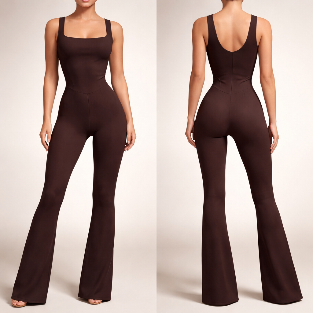Ultra-realistic fashion design render of a women’s sculpting full-length flare-leg jumpsuit in deep matte chocolate brown.
Completely invisible built-in shapewear and hidden internal bra support. The exterior must appear smooth and seamless with no visible bra lines, no visible cups, and no indication of internal structure. The bra support is fully integrated inside the garment, providing lift and shaping without looking like a separate bra.
High-waisted silhouette with strong waist-snatching compression built into the inner layer, creating a cinched waist effect while maintaining a smooth outer appearance.
Internal power mesh shaping layer from under bust to upper hip (firm control at lower abdomen), seamless exterior finish.
Sharp, sculpted V-contour seam construction at the waistline (front and back), multi-panel structured contour design to visually taper the midsection and enhance a dramatic hourglass silhouette. Vertical center seam and curved side seams that dip inward at the natural waist before flaring toward the hips for maximum waist emphasis.
Deep V-shaped contour waistband in the back, subtle glute contour seam, and hidden under-glute compression lift band for natural lifting effect (no obvious scrunch).
Slight bootcut flare leg from knee down, balanced and elongating silhouette. Wide supportive straps (3–4 cm), clean modern neckline (square or scoop), no bra-like detailing visible.
Matte luxury performance fabric appearance, 78% nylon / 22% spandex look, thick 280–320 GSM, 4-way stretch, squat-proof, soft-touch finish. Flatlock seams, bonded edges, cotton gusset lining for optional commando wear.
High-end minimal athleisure aesthetic, SKIMS-level luxury finish, tone-on-tone stitching, professional studio lighting, front and back view, neutral background.
Ultra-realistic fashion design render of a women’s sculpting full-length flare-leg jumpsuit in deep matte chocolate brown.
Completely invisible built-in shapewear and hidden internal bra support. The exterior must appear smooth and seamless with no visible bra lines, no visible cups, and no indication of internal structure. The bra support is fully integrated inside the garment, providing lift and shaping without looking like a separate bra.
High-waisted silhouette with strong waist-snatching compression built into the inner layer, creating a cinched waist effect while maintaining a smooth outer appearance.
Internal power mesh shaping layer from under bust to upper hip (firm control at lower abdomen), seamless exterior finish.
Sharp, sculpted V-contour seam construction at the waistline (front and back), multi-panel structured contour design to visually taper the midsection and enhance a dramatic hourglass silhouette. Vertical center seam and curved side seams that dip inward at the natural waist before flaring toward the hips for maximum waist emphasis.
Deep V-shaped contour waistband in the back, subtle glute contour seam, and hidden under-glute compression lift band for natural lifting effect (no obvious scrunch).
Slight bootcut flare leg from knee down, balanced and elongating silhouette. Wide supportive straps (3–4 cm), clean modern neckline (square or scoop), no bra-like detailing visible.
Matte luxury performance fabric appearance, 78% nylon / 22% spandex look, thick 280–320 GSM, 4-way stretch, squat-proof, soft-touch finish. Flatlock seams, bonded edges, cotton gusset lining for optional commando wear.
High-end minimal athleisure aesthetic, SKIMS-level luxury finish, tone-on-tone stitching, professional studio lighting, front and back view, neutral background.
, show front and back