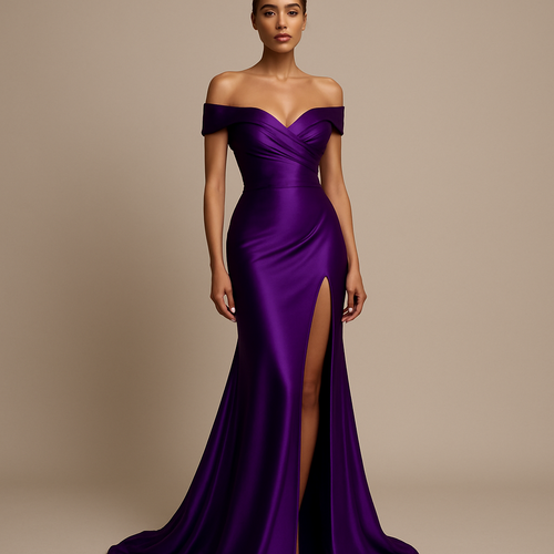 بفستان جريء بلون بنفسجي فخم، بتصميم يجمع بين العصرية والجرأة، تميز الفستان بخامة انسيابية وشق جانبي أنيق، مع قصة مكشوفة الكتفين أضفت عليه لمسة من الجاذبية والرقي، اللون البنفسجي كان اختيارًا موفقًا يعكس الفخامة والثقة والتميز، ليمنحها طابعًا ملكيًا لافتًا.
